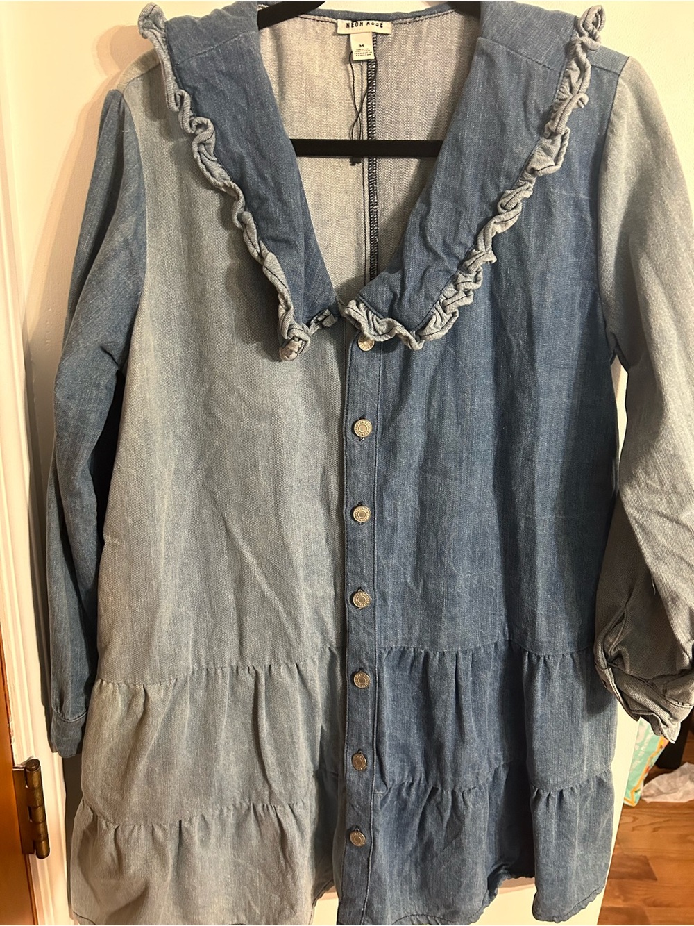 Neon Rose Two-Tone Blue Denim Ruffle Jean Dress